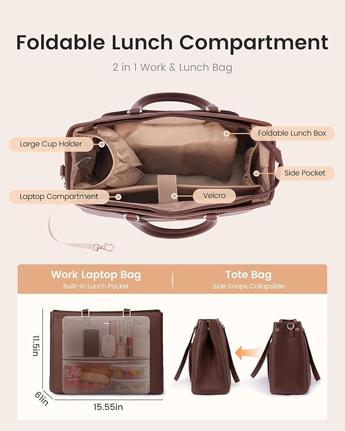 LOVEVOOK Lunch Tote Bag for Women, 3 in 1 Work Bag with Leakproof Cooler Compartment, Laptop Bag with Large Cup Holder for Office, College, Casual, Retro Brown