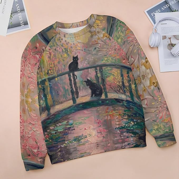 Spatofa Womens novelty funny cat printed crewneck sweatshirt casual loose long sleeve graphic pullover sweatshirts tops