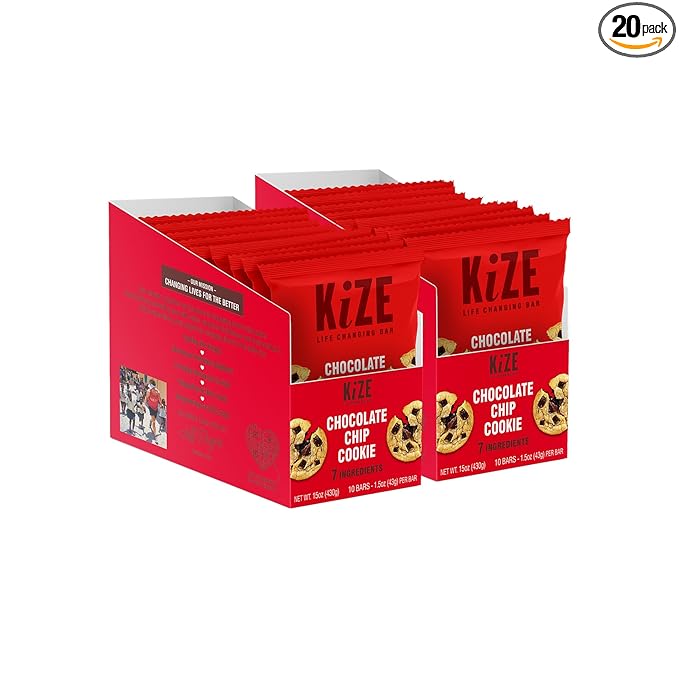 KiZE Energy Bars - Chocolate Chip Cookie - 20 Count - Almond-Butter-Based, Gluten Free, Dairy Free, Non-GMO, and High Protein Meal Replacement Energy Bars, Clean and Simple Food Ingredients - 10g High Protein Snacks (20 Count)