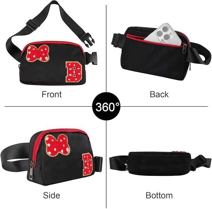 Initial Letter Bow Mouse-Ear Fanny Pack for Teen Girls,Cute Chenille Belt Bag Crossbody Travel Waist Pack for Women&Kids,Personalized Gift for Theme Park,School & Travel, Birthday Christmas(B)