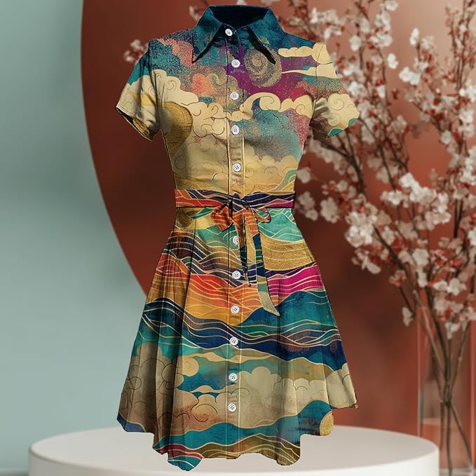 MARSVOVO Vintage Retro Shirt Dress for Women Short Sleeve Button Down Tie Waist Elegant Smocked Knee Length Dress