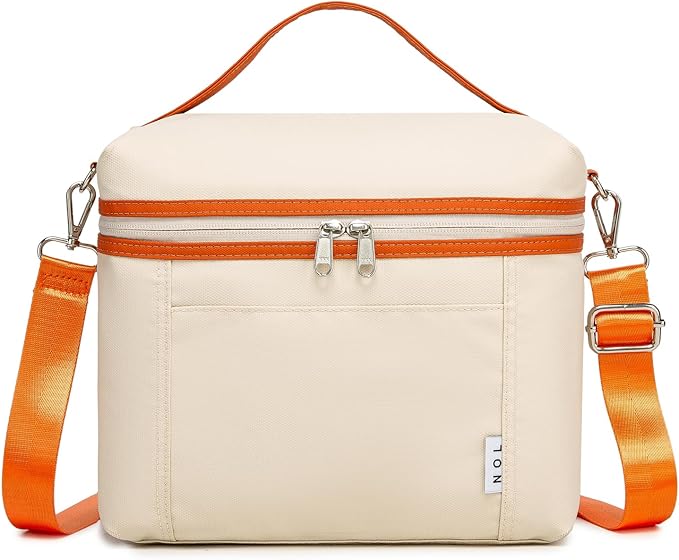 NOL Insulated Lunch Bags for Women Cooler Bag Lightweight Nylon Waterproof Lunch Box For Work (Medium(normal), Cream/orange)