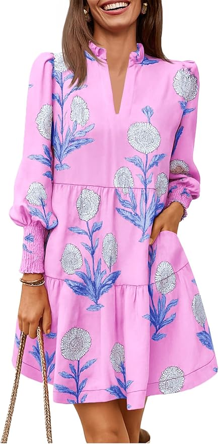 Imily Bela Womens Fall Long Sleeve Tunic Dress Casual V Neck Loose Ruffle Tiered Dress