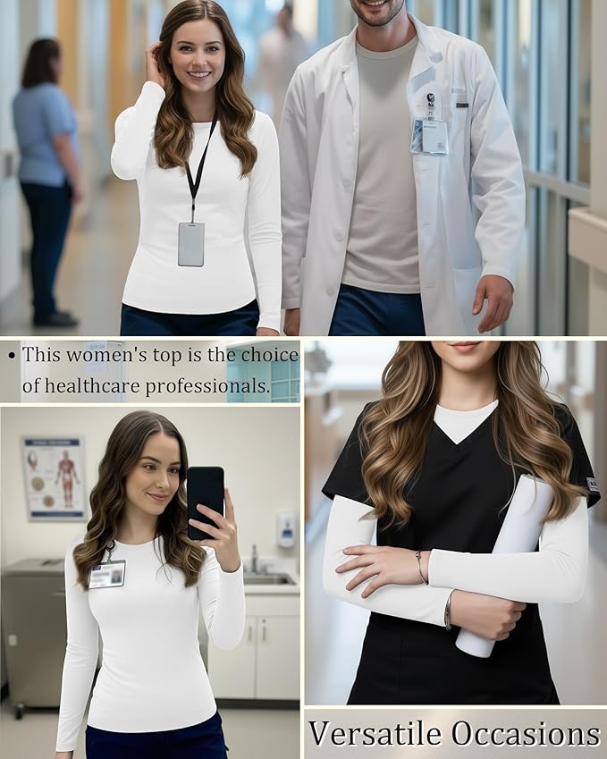 3 Pack Women's Underscrub Shirts Long Sleeve Thermal Scrub Undershirts Nurse Crew Neck Slim Fit Fleece Top Basic Tee