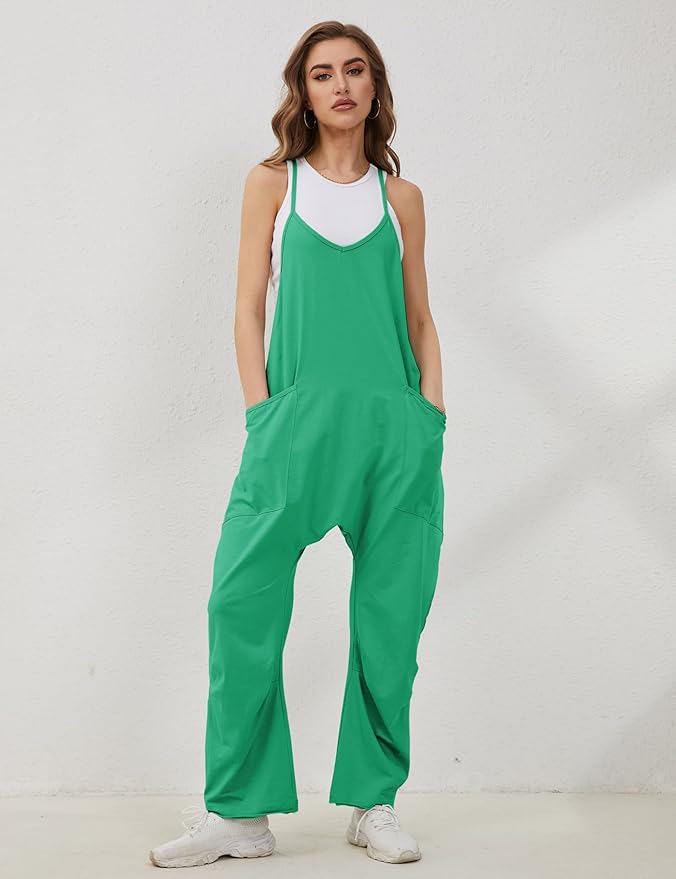 Lentta Women's Causal Jumpsuits V Neck Sleeveless Harem Overalls Stretchy Adjustable Strap Romper with Pockets