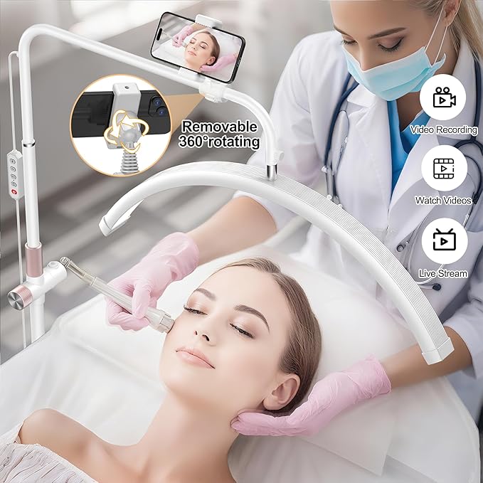 Half Moon Lash Light - Adjustable LED Floor Lash Lamp with 4X Magnifier & Phone Holder for Eyelash Extensions,Nail Art,Tattoo,Skincare,Salon SPA-Dimmable Brightness,Rotating Head, White