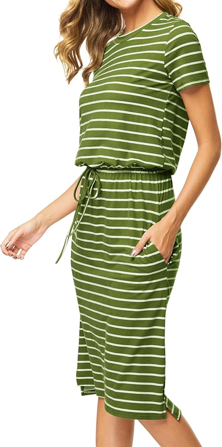 Simier Fariry Womens Spring Hide Belly Knee Length Travel Dress Pocket Summer Short Sleeve Midi Work Casual Outfits