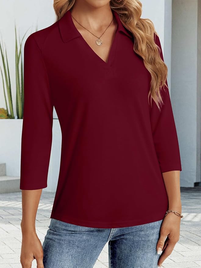 3/4 Length Sleeve Womens Tops Dressy Casual V Neck Polo Shirts Business Work Blouses 2025 Trendy Tunic Top