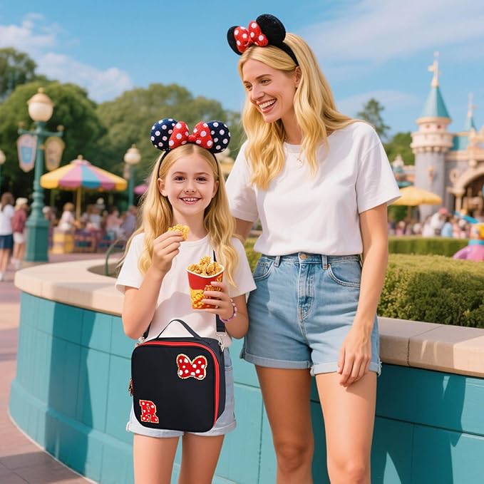 Preppy Initial Bow Mouse Lunch Bag, Kids Insulated Lunch Box Gifts for Teen Girls Daughter, Reusable Soft Lunch Containers Crossbody Cooler Bag Must Haves for Park Travel School Work Picnic Black R