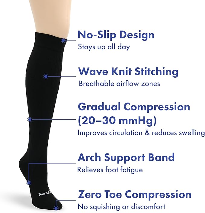 Nurse Yard Compression Socks - Unisex, 20-30mmHg, Black, Solid, Medical Compression, Nurses, Athletes, Active Individuals
