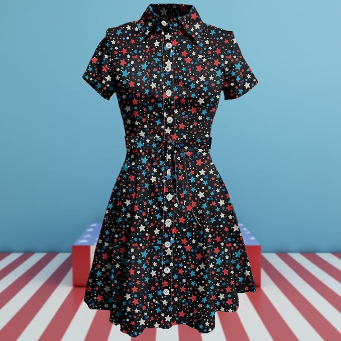 MARSVOVO Cute T Shirt Dress for Women Short Sleeve Button Up Tie Waist Elegant Casual Collared Smocked Midi Dress