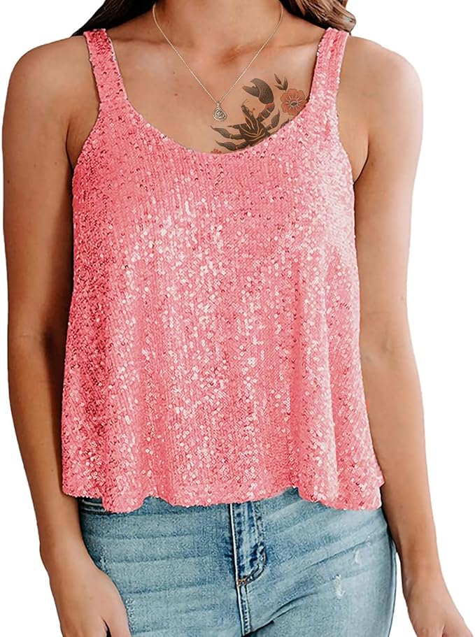 Sequin Top for Women Summer Scoop Neck Trendy Y2k Shining Shirts Casual Sleeveless Camisole Party Base Tank Tops