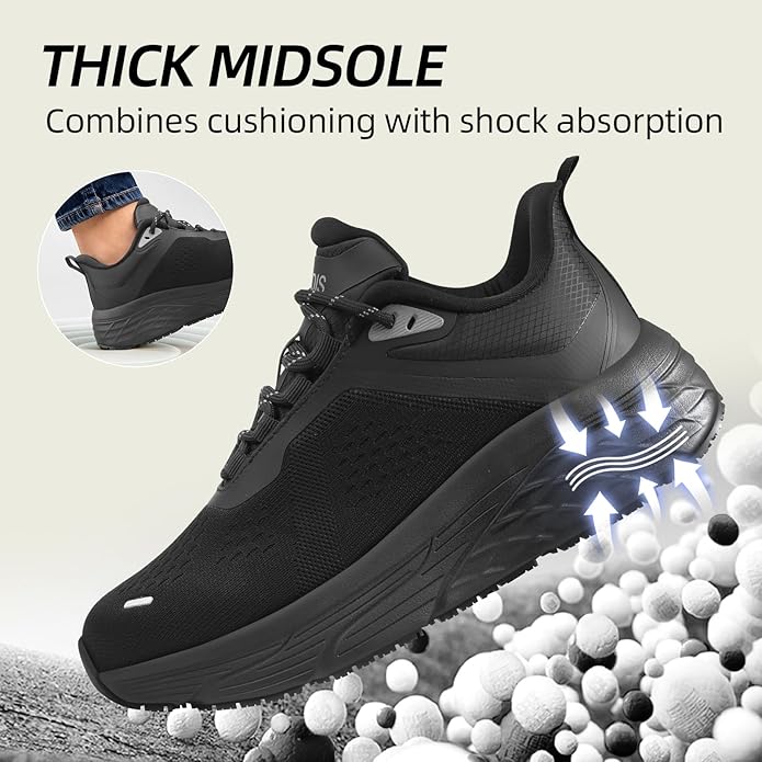 Black Non Slip Work Shoes for Women, Water-Resistant Kitchen & Restaurant Sneakers, Cushioned Thick Midsole for All-Day Standing, Chef & Food Service Footwear