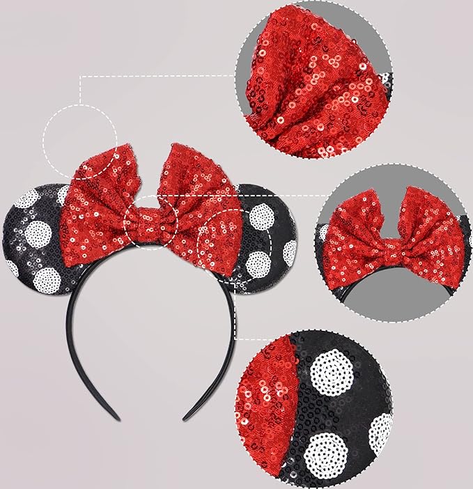LIHELEI Minnie Ear Mouse Ears Headband with Sequin Bows, Mouse ears Headbands for Women Halloween Costume, Headwear Hair Accessories