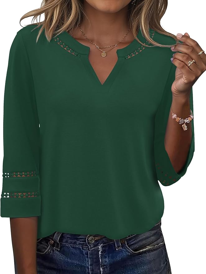 Ivicoer 3/4 Length Sleeve Womens Tops V Neck Lace Embroidered Summer Blouses Loose Fit Tunic Dressy Casual