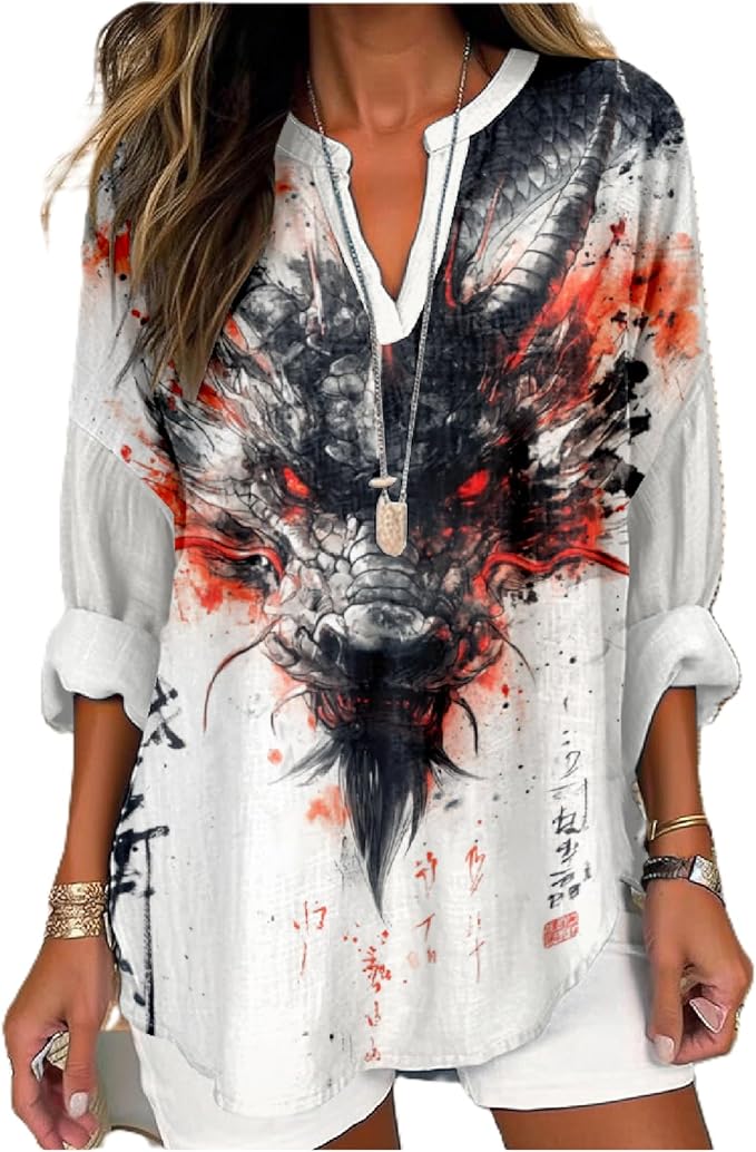 MARSVOVO V Neck Shirt For Women Boho Multi Style Blouse Long Sleeve Novelty Graphic Plus Size Pullover Tops For Women