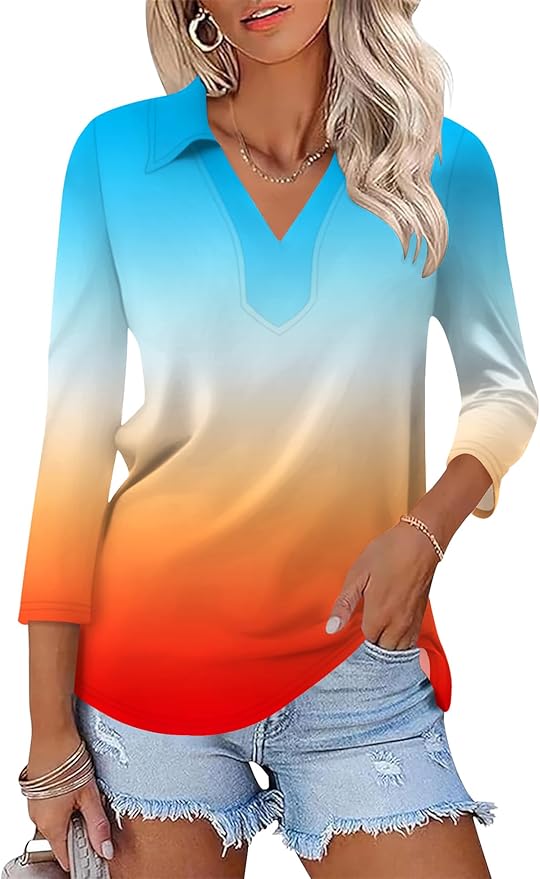 LOMON 3/4 Length Sleeve Womens Tops 2026 Spring Summer Collared Polo Shirts V Neck Casual Basic Polos Tees Shirt