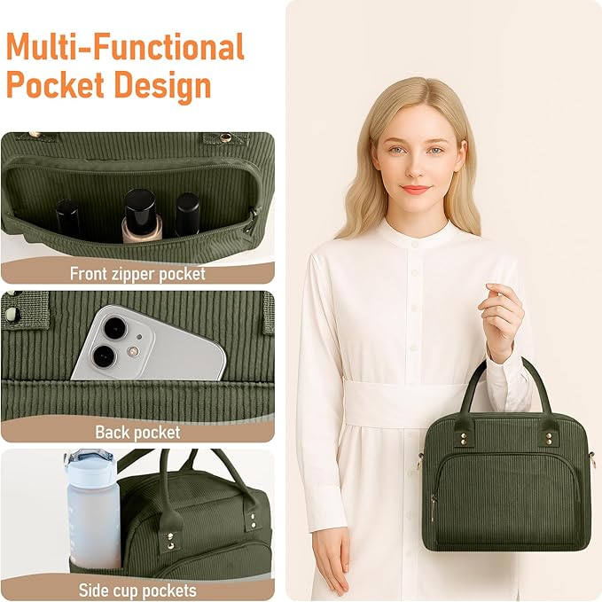 Lunch Bag Large Insulated Lunch Box for Women Men Adult Cute Green Lunchbox Corduroy Lunch Bags Boxes Pail with Adjustable Shoulder Strap for Work Mom Picnic Office Travel 11.4×6.8×9.1 inches 11.5L