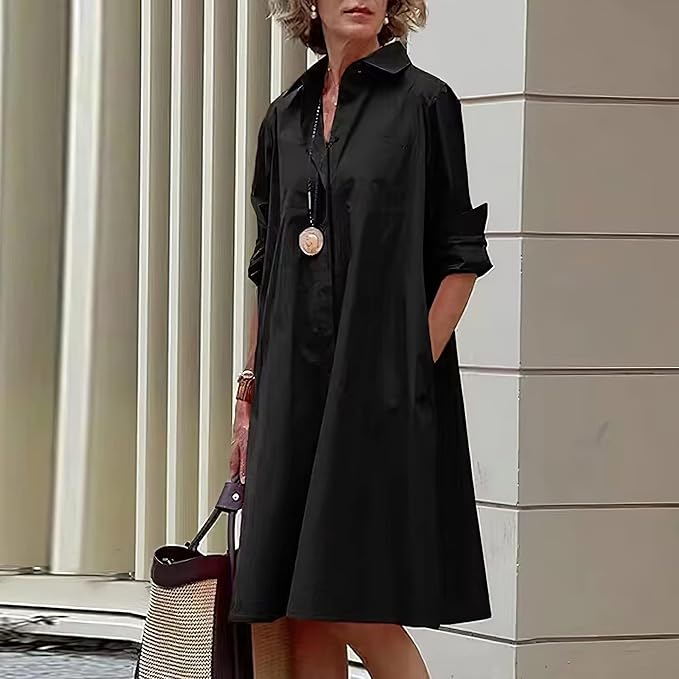 Womens 2025 Long Sleeve Button Down Shirt Summer Dress Casual V Neck Loose Fit Midi Shirt Dresses with Pockets
