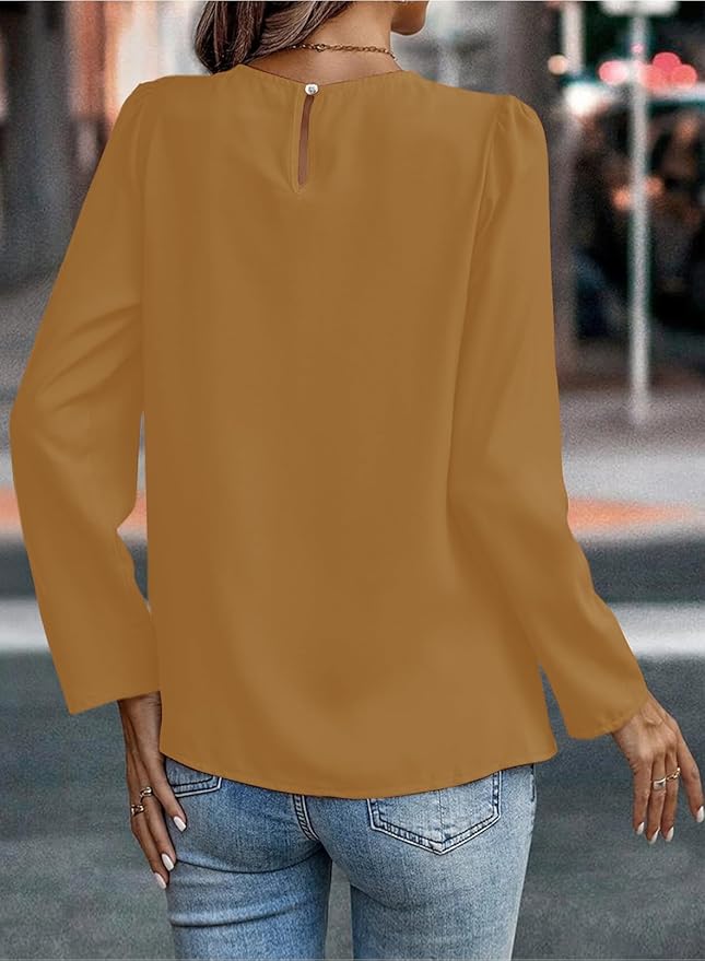 Samefar Womens Tops Dressy Casual Pleated Crew Neck Long Sleeve Shirts Office Work Chiffon Blouses