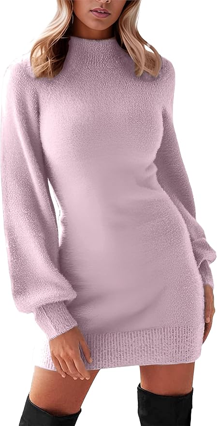 GRECERELLE 2026 Women's Mock Neck Ribbed Long Sleeve Bodycon Pullover Cute Mini Sweater Dress (XS-2XL)