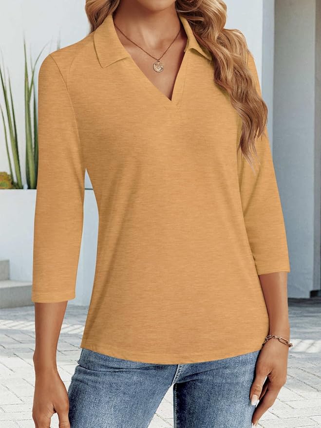 3/4 Length Sleeve Womens Tops Dressy Casual V Neck Polo Shirts Business Work Blouses 2025 Trendy Tunic Top
