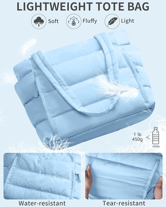 Puffer Tote Bag for Women, Lightweight Puffy Work Handbag Teacher Nurse Quilted Shoulder Bag for School Travel Gym | Quilted, with Zipper, Daily Carry On Bags, Comfy College Bags, 15.6" Laptop Sleeve, Cup Holder Pocket, Portable, Spacious