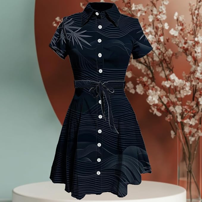MARSVOVO Japanese Art Shirt Dresses for Women Short Sleeve Ruffle Button Down Tie Waist Trendy Elegant Midi Dress
