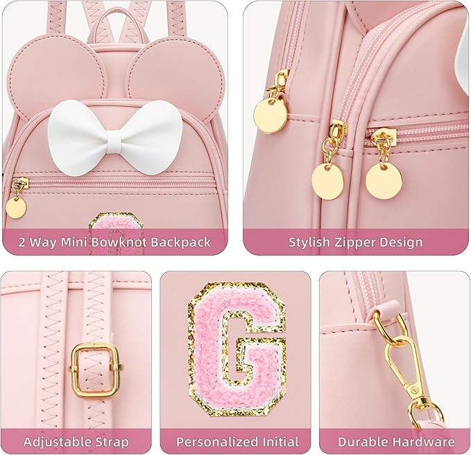 KKXIU Girls Initial Bowknot Cute Mini Backpack for Toddler, Travel Small Girl Backpacks, Personalized Valentine's Day Gifts for Little Girls and Kids(G, Pink)