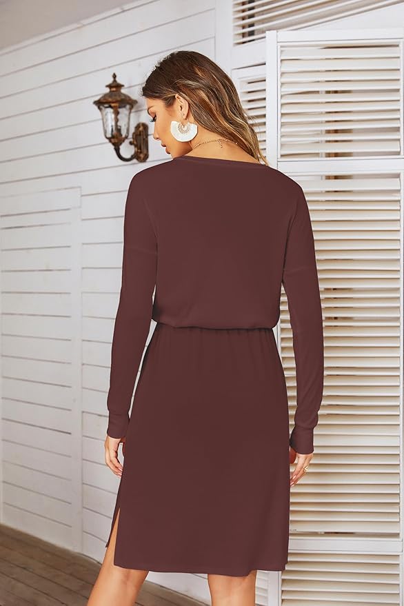 Simier Fariry Womens Spring Hide Belly Knee Length Travel Dress Pocket Summer Short Sleeve Midi Work Casual Outfits