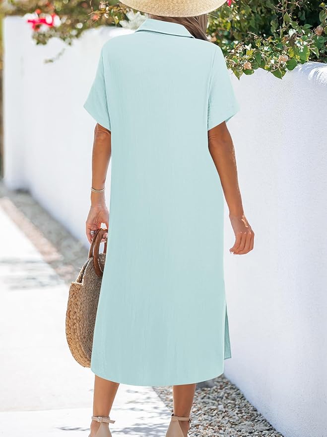 Zeagoo Women Dresses Summer Casual Short Sleeve Button Down Shirt Dresses 2025 Beach Cover Up with Pockets