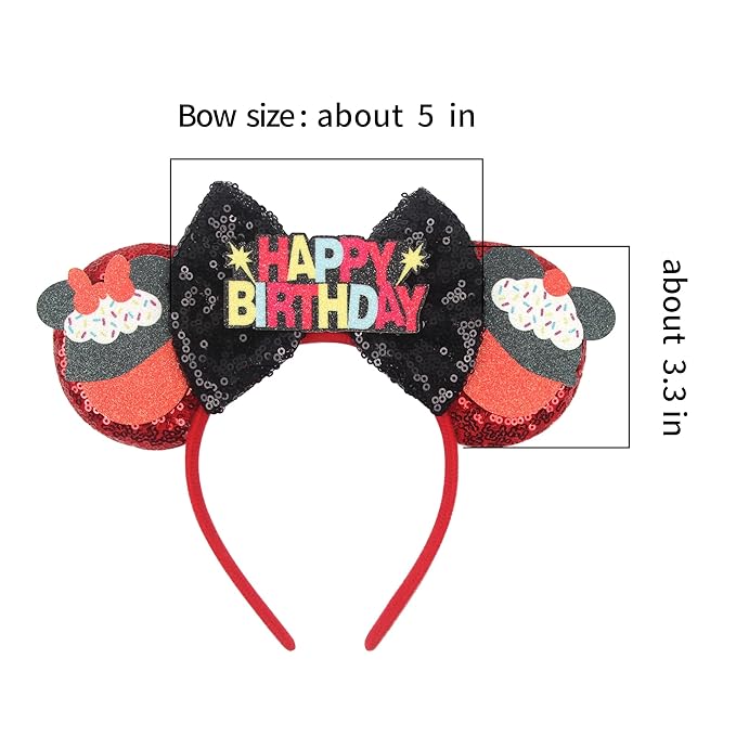 bianbaistar Red Black Sequin Birthday Ear Headband - Cupcake Detail Hair Accessory for Birthday Bash, Theme Park & Celebration Events