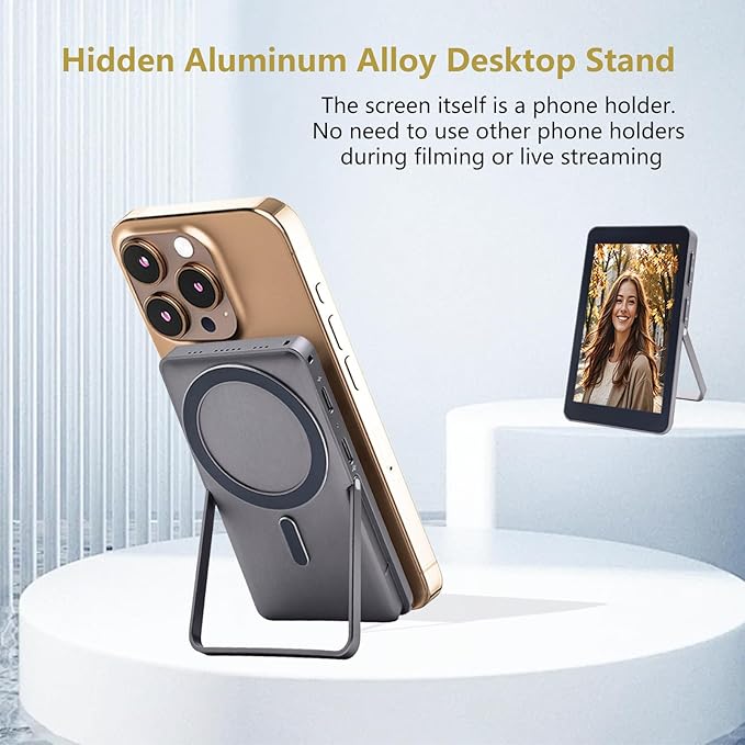 Touchscreen Phone Selfie Monitor Screen, 1080P Wireless Back Camera Selfie Monitor with Focus Adjustment, Audio Sync, Photo Button and Aluminum Stand for Vlog Live Stream TikTok (touch silver)