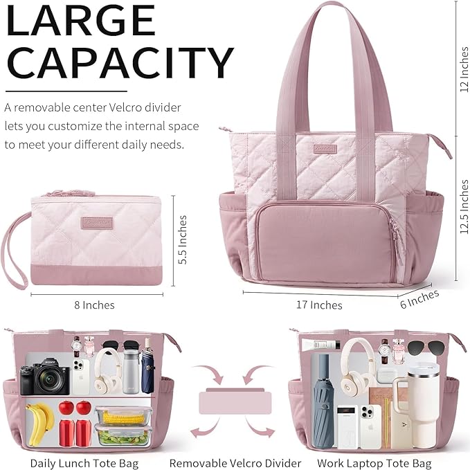 Puffer Lunch Tote Bag for Women, 15.6 Inch Laptop Work Bag with Insulated Lunch Compartment & Large Cup Holder, Lightweight Quilted Puffy Lunch Box Purse for Teacher Nurse Travel Office Daily School