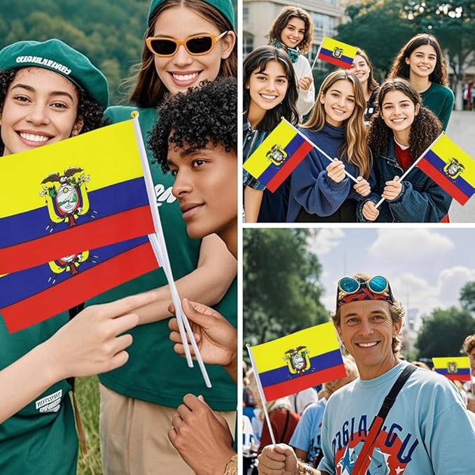 20 Pack Small Ecuador Flags on Stick Mini Handheld Ecuadorian Flag for Parades, Independence Day and Patriotic Events 5x8 Inch Durable Weather-Resistant Flags with 12 Inch Sticks(Ecuador)