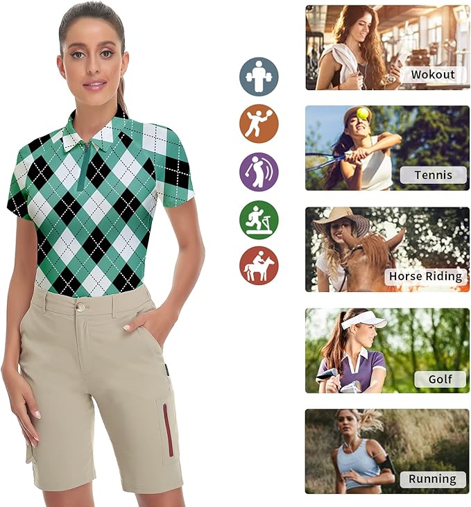 Women's Golf Shirt Short Sleeve Tennis Shirt Quarter Zip Golf Pullover Golf Polo Shirts Argyle Tops