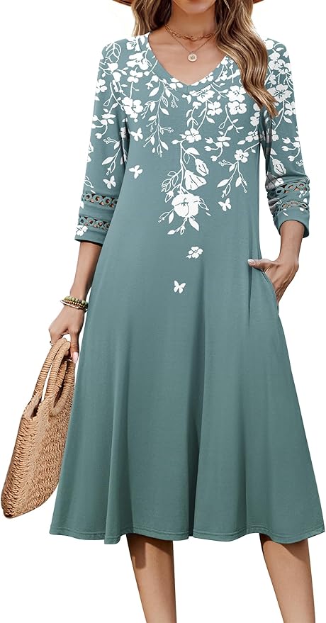 Zeagoo Women's Dresses 3/4 Sleeve Summer Casual V-Neck A Line Flowy Eyelet Midi Dress for Women Beach Vacation Sundress