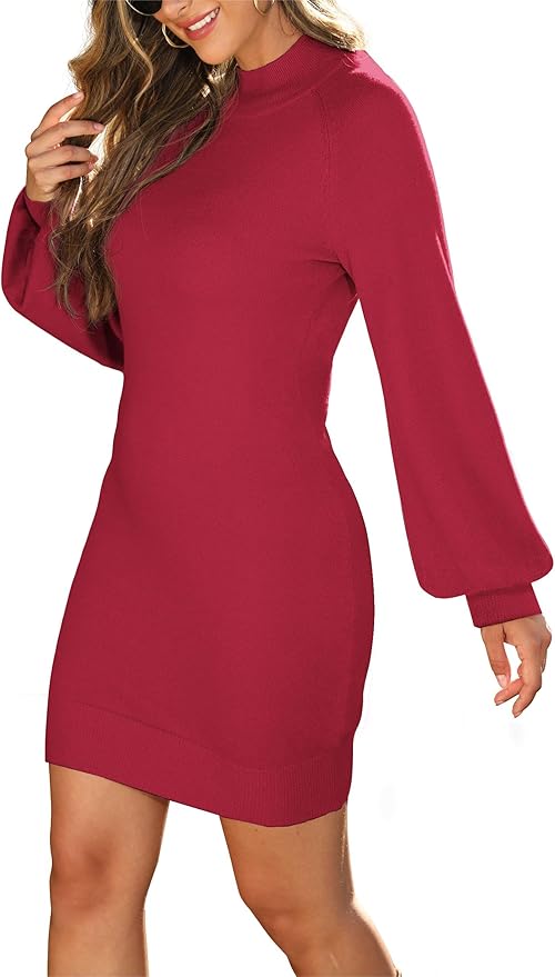 GRECERELLE 2026 Women's Mock Neck Ribbed Long Sleeve Bodycon Pullover Cute Mini Sweater Dress (XS-2XL)