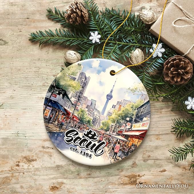 Illustrated Seoul South Korea Ceramic Ornament, Souvenir and Christmas Keepsake