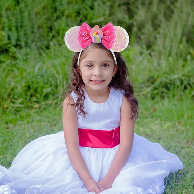 Seamoy Birthday Pink Minnie Ears Headband, Sparkle Birthday Mouse Ears, Princess Headwears for Women Girls (1 Count, Pink)