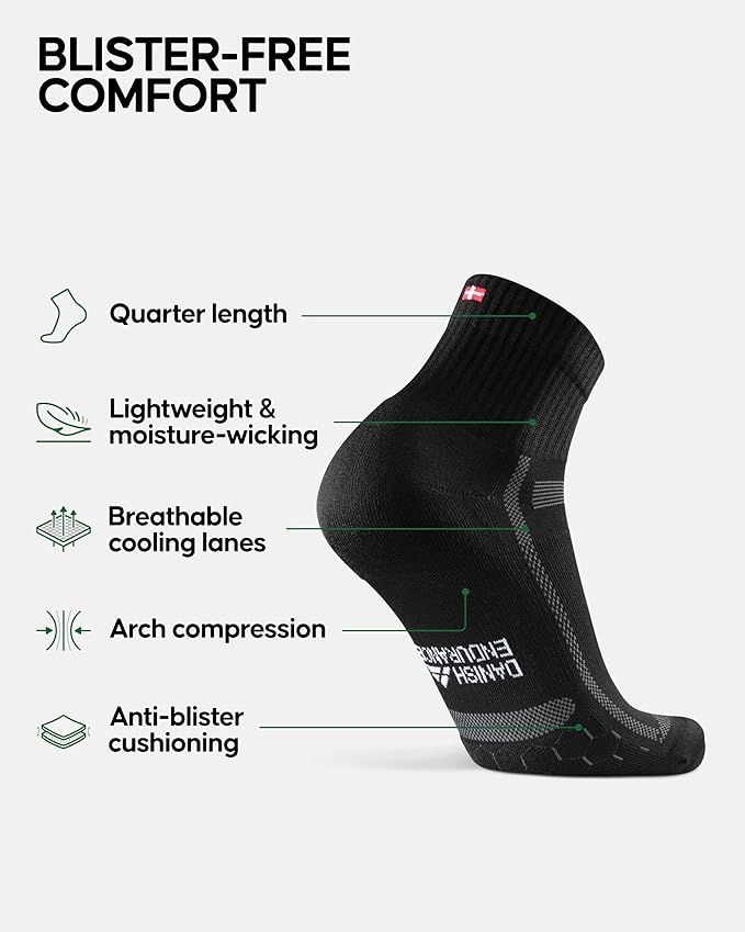 DANISH ENDURANCE Ultra-Comfort Quarter Running Socks, Performance Socks, Men & Women - 3 or 5 Pack