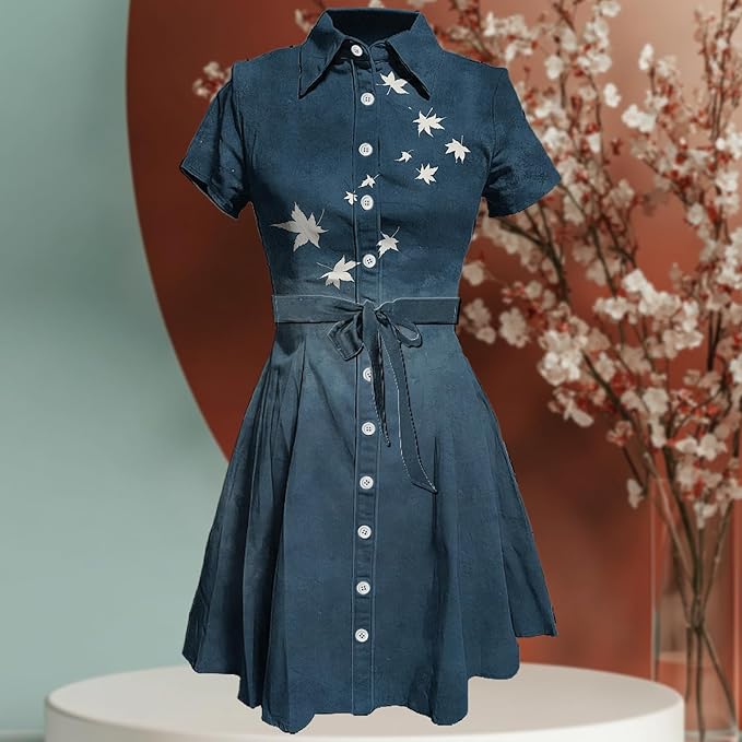 MARSVOVO Cute T Shirt Dress for Women Short Sleeve Button Up Tie Waist Elegant Casual Collared Smocked Midi Dress