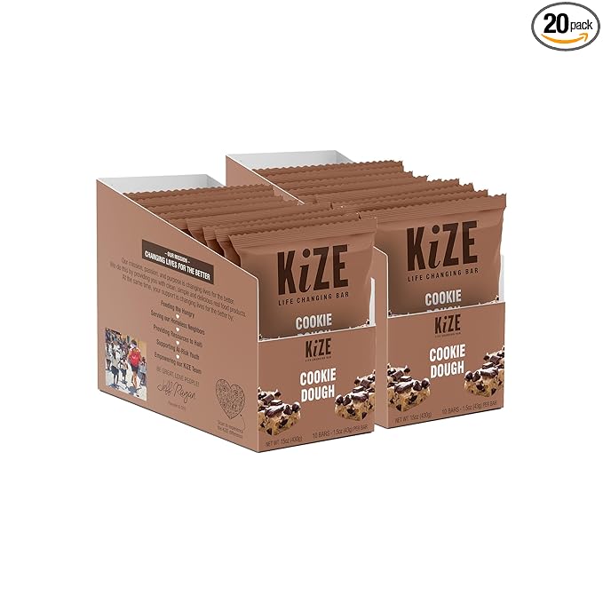 KiZE Energy Bars - Cookie Dough - 20-Count - Gluten Free, Dairy Free, Non-GMO, and High Protein Meal Replacement Energy Bars, Clean and Simple Food Ingredients - 10g High Protein Snacks (20 Count)