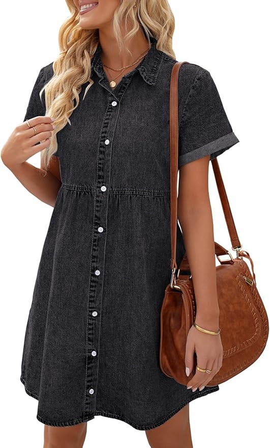 LookbookStore Women's Short Sleeve Button Down Flowy Tiered Babydoll Denim Dress