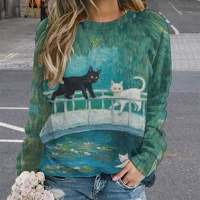 Spatofa Womens novelty funny cat printed crewneck sweatshirt casual loose long sleeve graphic pullover sweatshirts tops