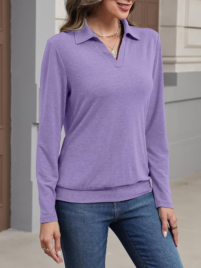 Womens Polo Shirts Long Sleeve Banded Bottom Tops Business Casual Tops Collared V Neck Blouses