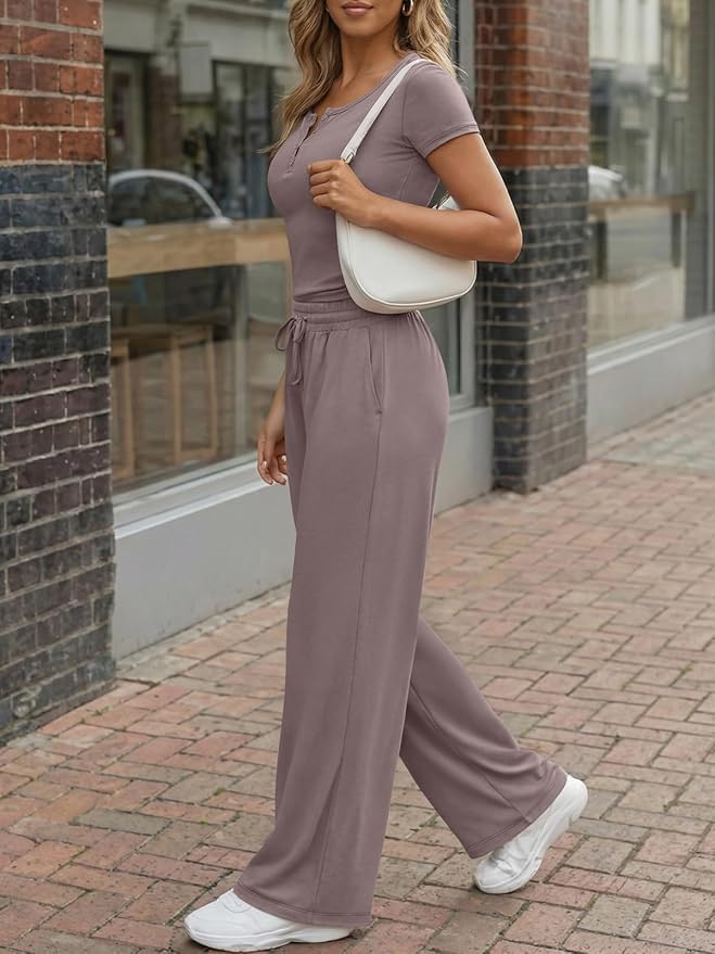 Trendy Queen Women's 2 Piece Matching Lounge Sets Summer Henley Neck Slightly Crop Top Wide Leg Pants Casual Sweat Suit