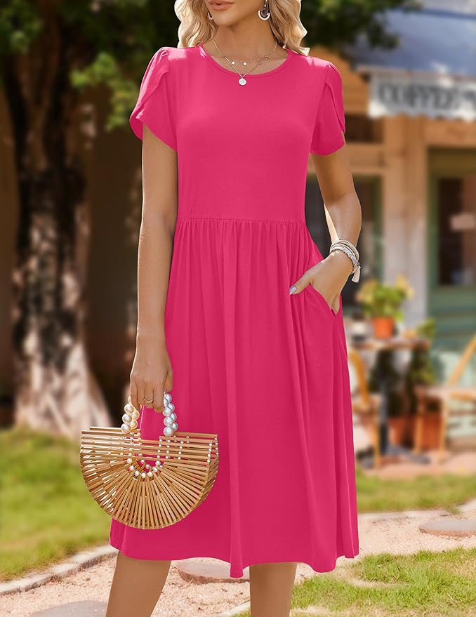 HOTOUCH Women's Summer A-Line Midi Dresses 2026 Casual Floral Short Sleeve T-Shirt Dress Flowy Beach Sundress with Pockets