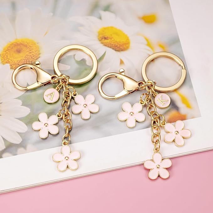 SELOVO Initial Keychain White/Pink/Black Cute Keychain Girl Purse Charms for Handbag Cute Letter Flower Keyring for Backpack