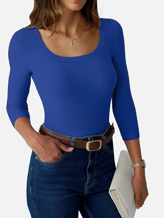Womens 3/4 Sleeve Scoop Neck Top Ribbed Knit Slim Fitted Casual Basic Tee Shirts 2025 Fall Trendy Work T-Shirt Outfits